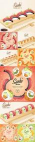 Japanese sushi-roll kitchen on wooden plate layout template